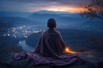 Serene mountain repose: girl finding tranquility in nature's embrace, panoramic relaxation amid breathtaking landscapes.