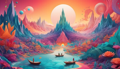 dreamscape with psychedelic paper shapes, their intricate patterns unfolding in a mesmerizing array of color tones creating a harmonious visual journey