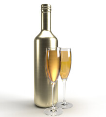 Champaign golden bottle package glass wine two 2 object white isolated background dicut party event celebration festival december january 2024 congratulation annivarsary holiday vacation inviation 