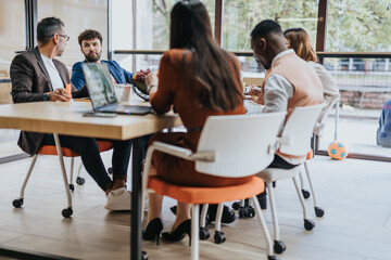 Business team strategizes for global market expansion, analyzing financial statistics and embracing innovative technology for sustainable growth.