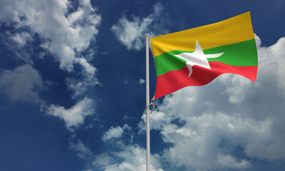 myanmar burma country flag asia blue sky cloudy white background wallpaper copy space government politic history crisis international army war conflict soldier independence freedom peace yangon trade 