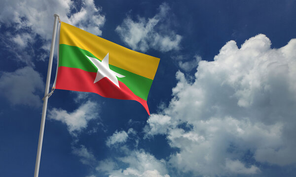 myanmar flag blue sky cloud background wallpaper copy space burma country national waving asia patriotism icon politic government business economy freedom relationship conflict war people military 