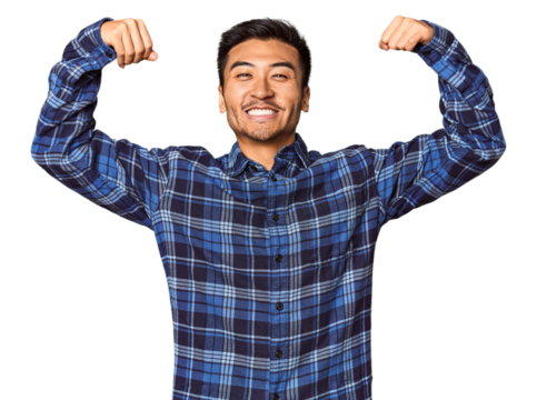 Young Chinese man in studio background showing strength gesture with arms, symbol of feminine power
