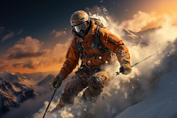 A daring mountaineer rides the snowy slope, helmet glinting under the bright winter sky, braving the glacial landform on their skis in an epic outdoor adventure - obrazy, fototapety, plakaty