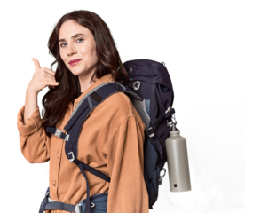 Young Caucasian with hiking gear and bottle showing a mobile phone call gesture with fingers.