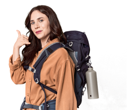 Young Caucasian with hiking gear and bottle showing a mobile phone call gesture with fingers.