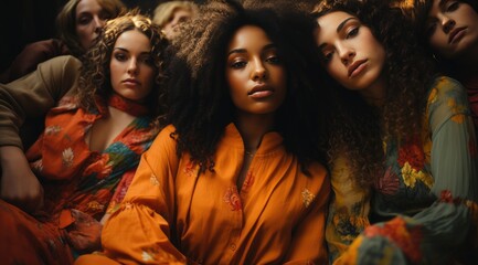 A stylish group of diverse women smiling for a photo, showcasing their unique personalities through their clothing choices and confident expressions - obrazy, fototapety, plakaty