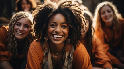 A beaming woman with vibrant dreadlocks and a bright smile gazes confidently at the camera, radiating happiness and showcasing her unique style