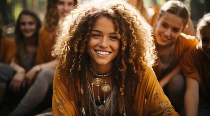 Fototapeta premium A radiant woman adorned with a collection of dazzling necklaces exudes joy and confidence as she poses in the great outdoors