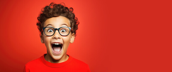 A child boy wearing a pair of eyeglasses with a surprised and smiling expression - obrazy, fototapety, plakaty