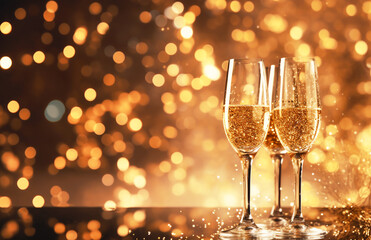 Three flute glasses with sparkling champagne on golden background with golden bokeh lights confetti glitter. New Years eve celebration concept