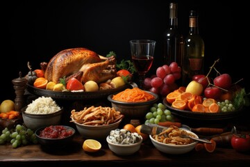 An abundant spread of vibrant produce, wholesome ingredients, and delectable wine adorn a rustic table, evoking feelings of warmth, community, and indulgence