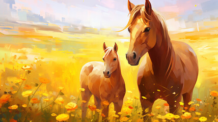 beautiful horse with baby in a field of flowers