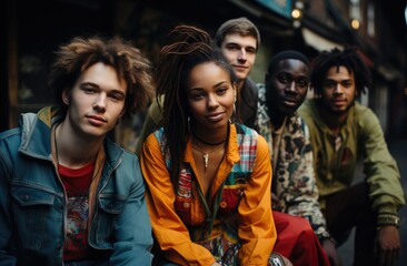 Fototapeta premium A diverse group of individuals, dressed in stylish jackets, stand confidently on a busy street, their human faces beaming with joy as they pose for a photo, showcasing the beauty of unity and individ
