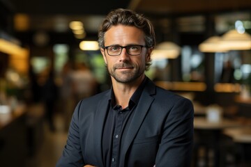 Fototapeta premium A bearded man exudes confidence and sophistication as he flashes a charming smile, his glasses adding a touch of intellectual style, while seated in a cozy restaurant wearing a sleek black jacket