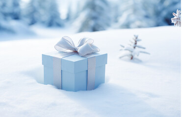 Christmas gift box wrapped in blue paper tied with golden ribbon. Winter forest snow golden sunlight. Holiday presents shopping celebration concept