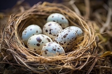 Naklejka na ściany i meble Quail Eggs, Diet Egg in Nest, Healthy Breakfast, Natural Organic Nutrition, Salad Ingredient Spotted Quail Egg