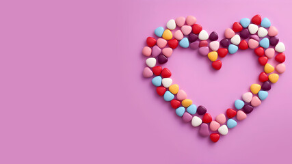 Obraz premium Heart made of colorful candy on a purple background. Valentine's Day, BIrthday concept.