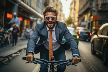 Foto op Canvas A stylish businessman confidently pedals through the bustling city streets, his suit and bicycle frame reflecting the urban landscape as he embraces the freedom and simplicity of cycling © Larisa AI