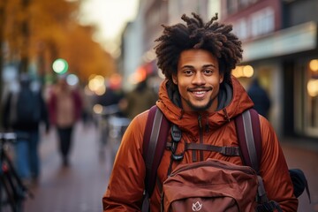 Obraz premium A cheerful man with curly locks and a stylish backpack navigates the bustling city streets, his vibrant smile matching the colorful street fashion as he carries himself with confidence