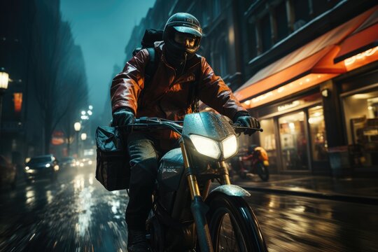 A lone rider braves the stormy night, his helmet shining in the city lights as he navigates the wet streets on his powerful motorcycle