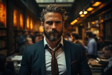 Fototapeta premium A well-dressed gentleman with a neatly groomed beard and mustache stands in front of a building, exuding confidence and sophistication in his sleek suit