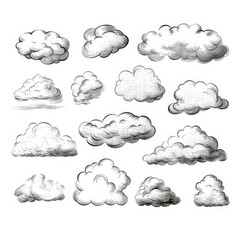 Hand drawn sketchy cloud collection isolated on white. Sketched black pencil clouds outline illustration - obrazy, fototapety, plakaty