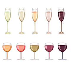 Red, white and rose wine glasses and one champagne glass with bubbles on white background