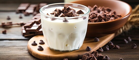 Homemade cream-based yogurt with chocolate pieces and milk chocolate. - obrazy, fototapety, plakaty