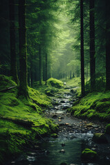 Obraz premium Misty forest with small stream among the trees. Green nature concept