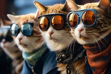 cats portrait with sunglasses, Funny animals in a group together looking at the camera, wearing...