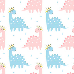 Seamless pattern, cute dinosaurs and daisies. Children's print, textile, vector