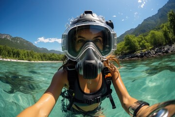 A daring divemaster embraces the unknown depths, protected by her oxygen mask and goggles, surrounded by the majestic mountains and endless sky as she explores the underwater world with her trusty di