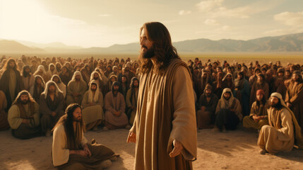 Jesus Christ preaching, crowd of listeners around him - obrazy, fototapety, plakaty