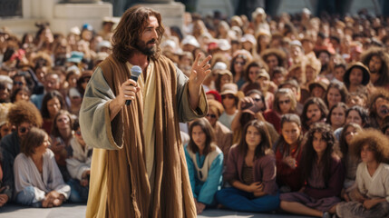 Jesus Christ with microphone on stage, motivational speech