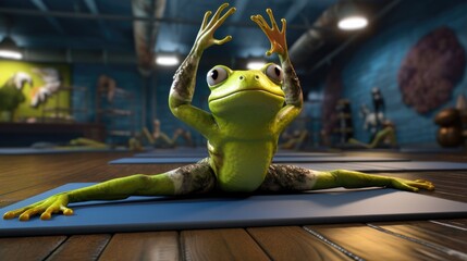 A frog is doing yoga in a room. Generative AI. - obrazy, fototapety, plakaty