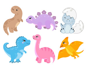 Set of cute baby dinosaurs. Kids print, stickers, vector