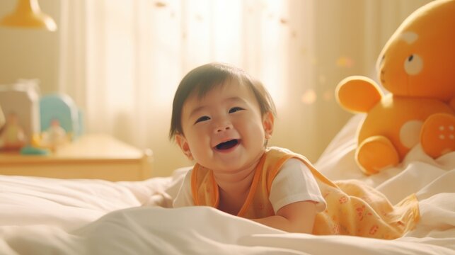 A joyful baby smiles in bed with a stuffed animal. Generative AI.