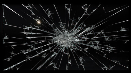 Glass with bullet hole, flying shards