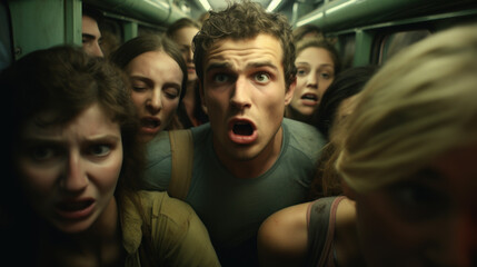 Young man having claustrophobia in public transport - obrazy, fototapety, plakaty