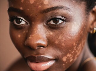 Portrait of black woman model with vitiligo, face closeup