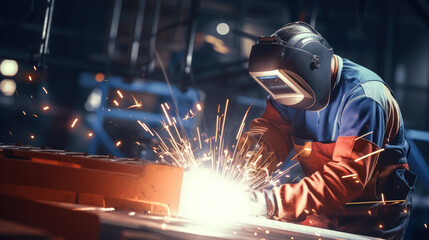 Factory worker is welding metal - obrazy, fototapety, plakaty