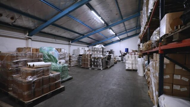 Industrial warehouse. Supply room filled with boxes and products.