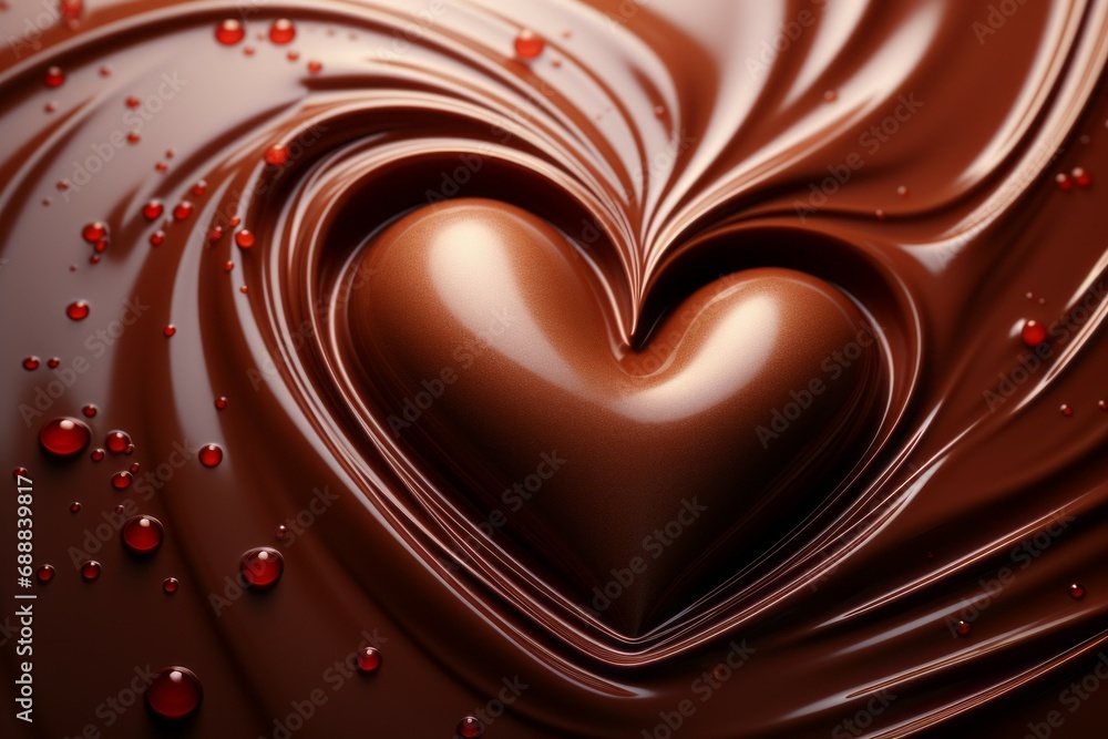 Poster melted chocolate in the shape of a heart. background with selective focus and copy space