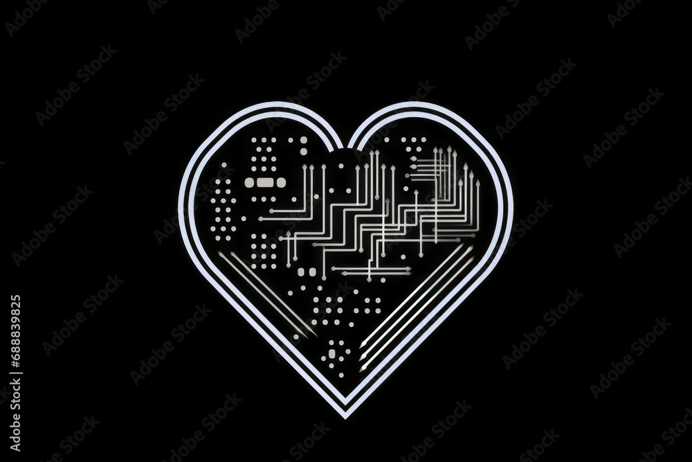 Poster computer with heart shaped cpu chip. drawing style. black background with selective focus and copy s