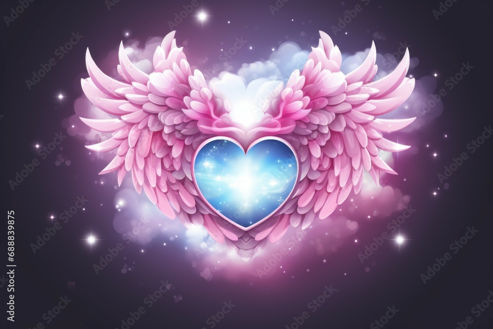 Poster heart with cupid wings. dark background with selective focus and copy space