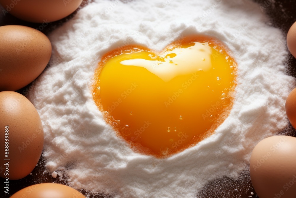 Poster raw egg and flour in heart shape with selective focus and copy space