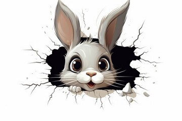 Drawing of an Easter bunny in a hole with cracks with selective focus and copy space