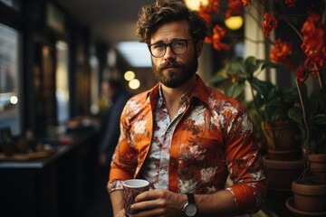 A stylish man stands outdoors, holding a cup of coffee in one hand and a vibrant houseplant in the other, his glasses reflecting the bright flower as he gazes confidently into the distance - obrazy, fototapety, plakaty