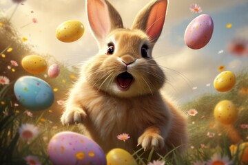 Easter bunny in a fantasy style photo shoot. Background with selective focus and copy space
